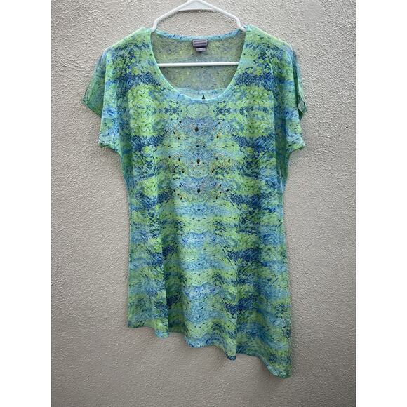 Womens Laura Scott Shirt Size Medium Blue Green Cap Sleeve High Low Rhinestones - Picture 1 of 13
